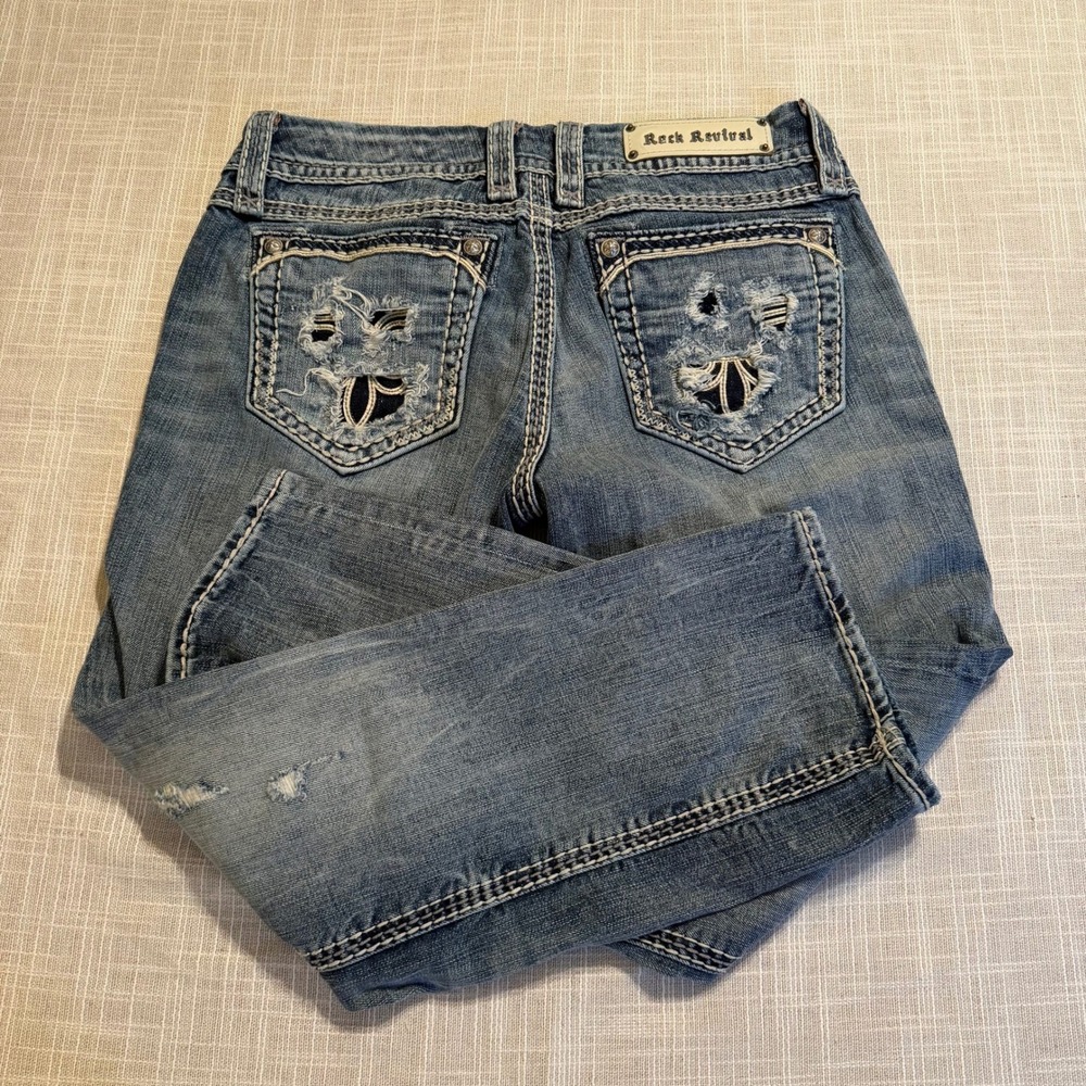 Rock Revival Ina Capri Distressed Jeans Size 31 Medium Wash Buckle Exclusive‎